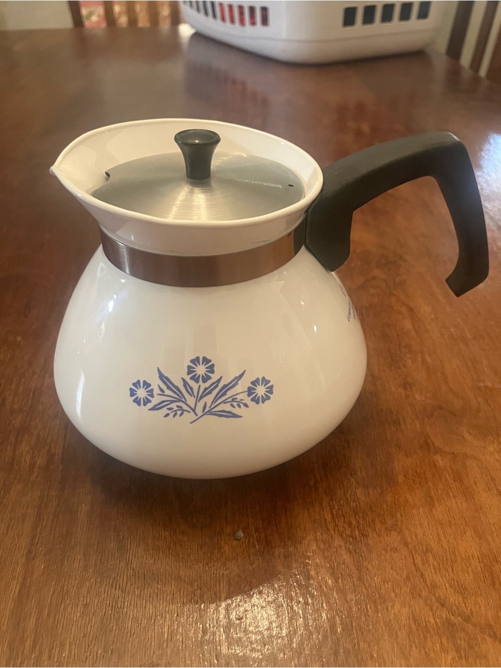 Vintage Corning Ware White 6 Cup Teapot with Blue Cornflower and Black Handle